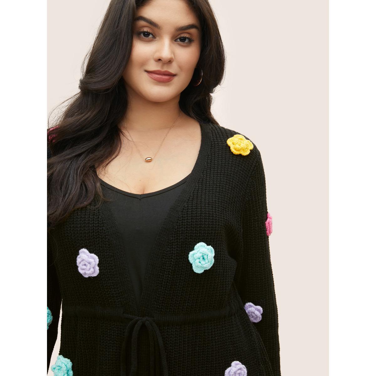 Plus Size Colored Floral Plisse Drawstring Tunic Cardigan Black Women Vacation Loose Long Sleeve Dailywear Cardigans BloomChic 18-20/2X Product Image