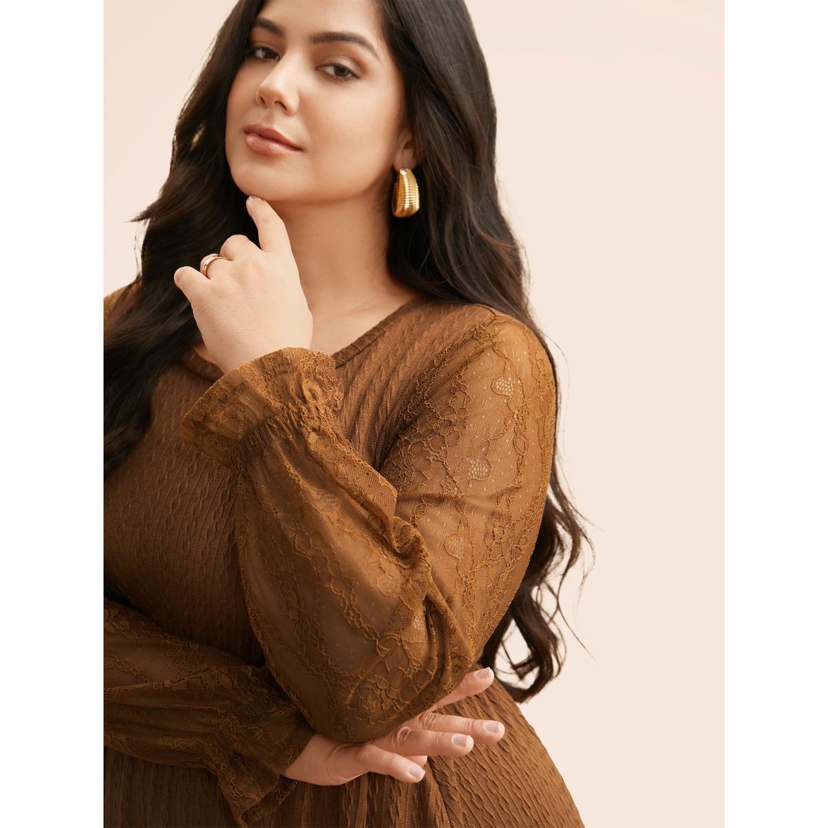 Plus Size Textured Mesh Patchwork Ruffles Dress Yellowishbrown Women Elegant Woven ribbon&lace trim Round Neck Extra Long Sleeve Curvy BloomChic 12/L Product Image
