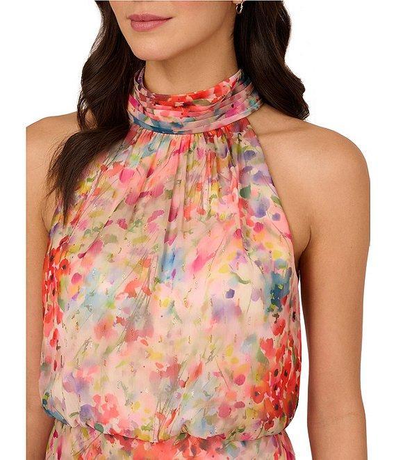 Adrianna Papell Chiffon Floral Print Halter Neck Sleeveless Blouson Midi Dress Product Image