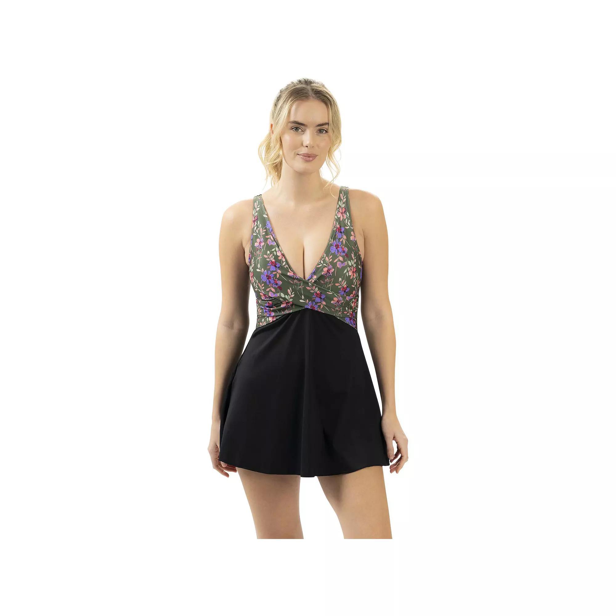 Women's Dolfin V-Neck Wrap Front One-Piece Swim Dress, Size: 18, Flourish Product Image