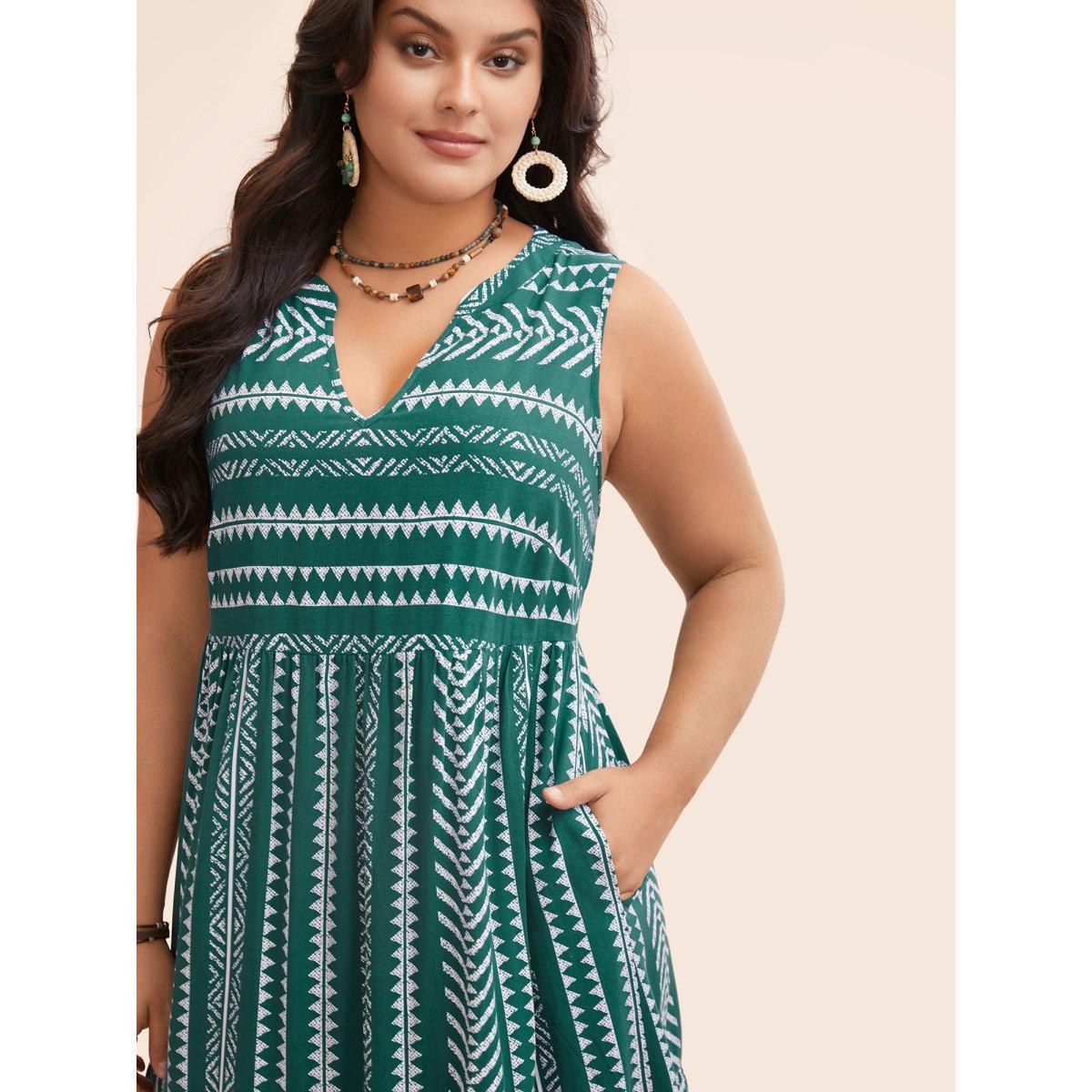 Plus Size Striped Geometric Pocket Ruffle Hem Sleeveless Tank Dress DarkGreen Women Casual Non V-neck Sleeveless Curvy BloomChic 10/M Product Image