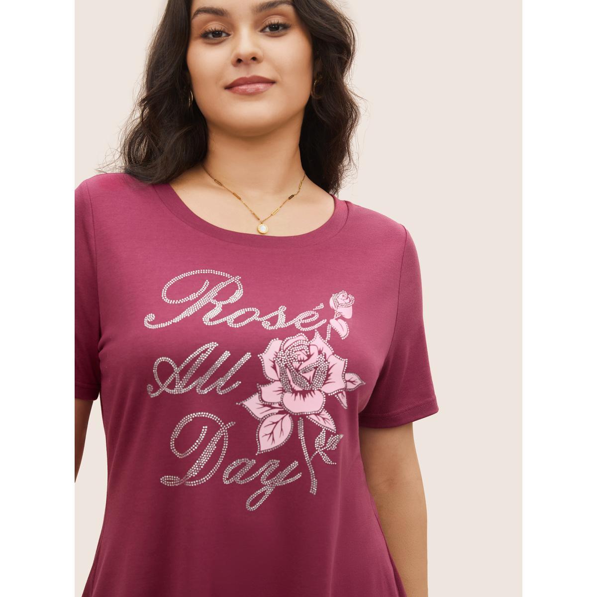 Plus Size Natural Flowers Rhinestone Round Neck T-shirt RedViolet Women Elegant Natural Flowers Everyday T-shirts BloomChic 28/5X Product Image