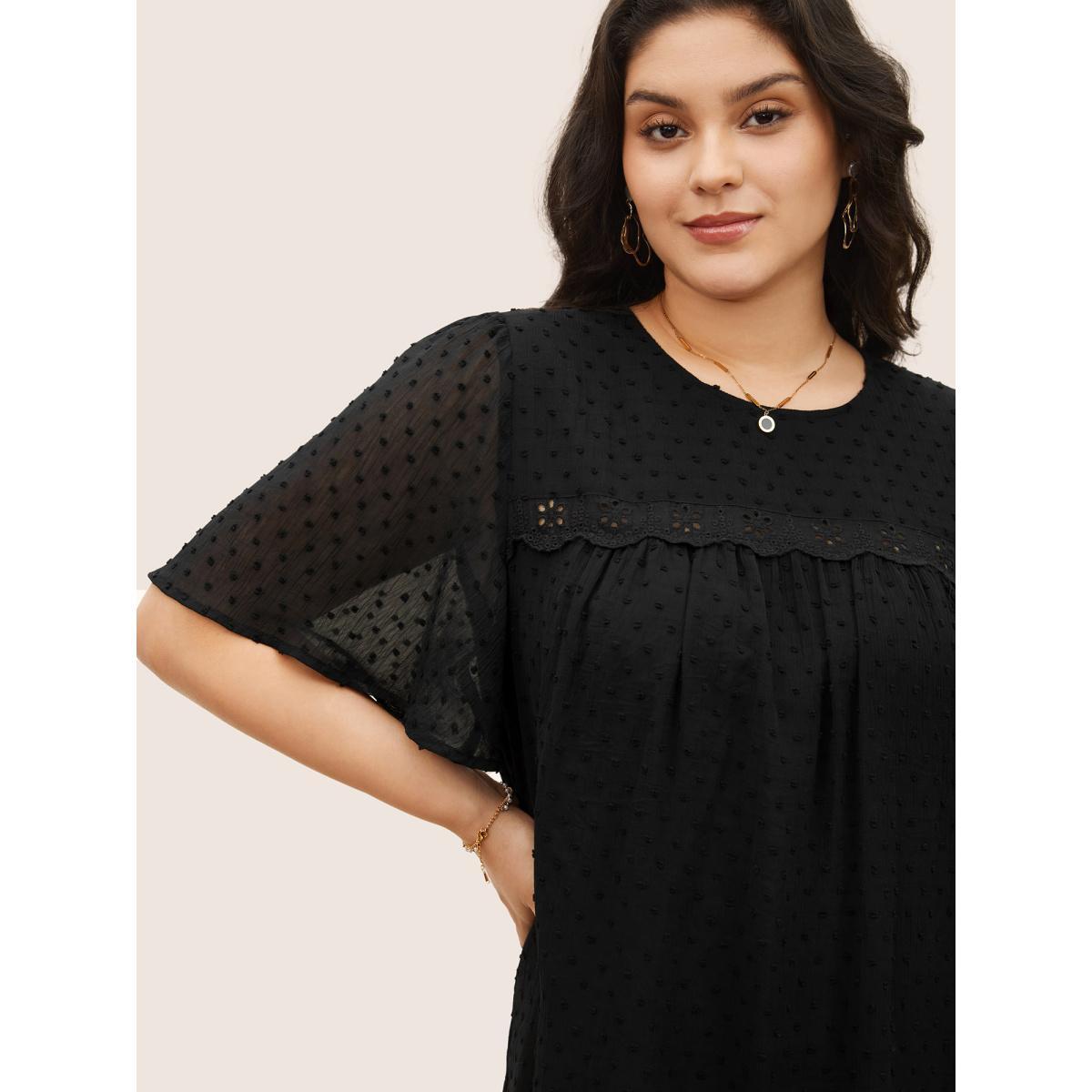 Plus Size Black Solid Texture Lace Trim See Through Gathered Blouse Women Elegant Short sleeve Round Neck Everyday Blouses BloomChic 30/6X Product Image