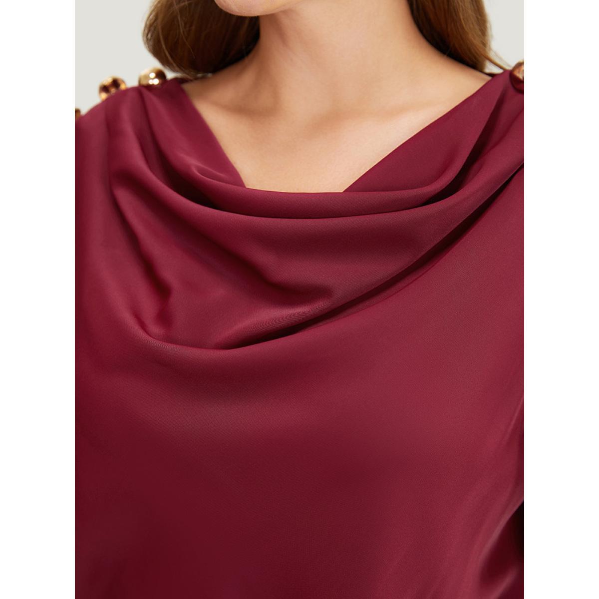 Plus Size Scarlet Plain Cowl Neck Button Detail Flutter Sleeve Blouse Women Office Short sleeve Cowl Neck Work Blouses BloomChic 28/5X Product Image