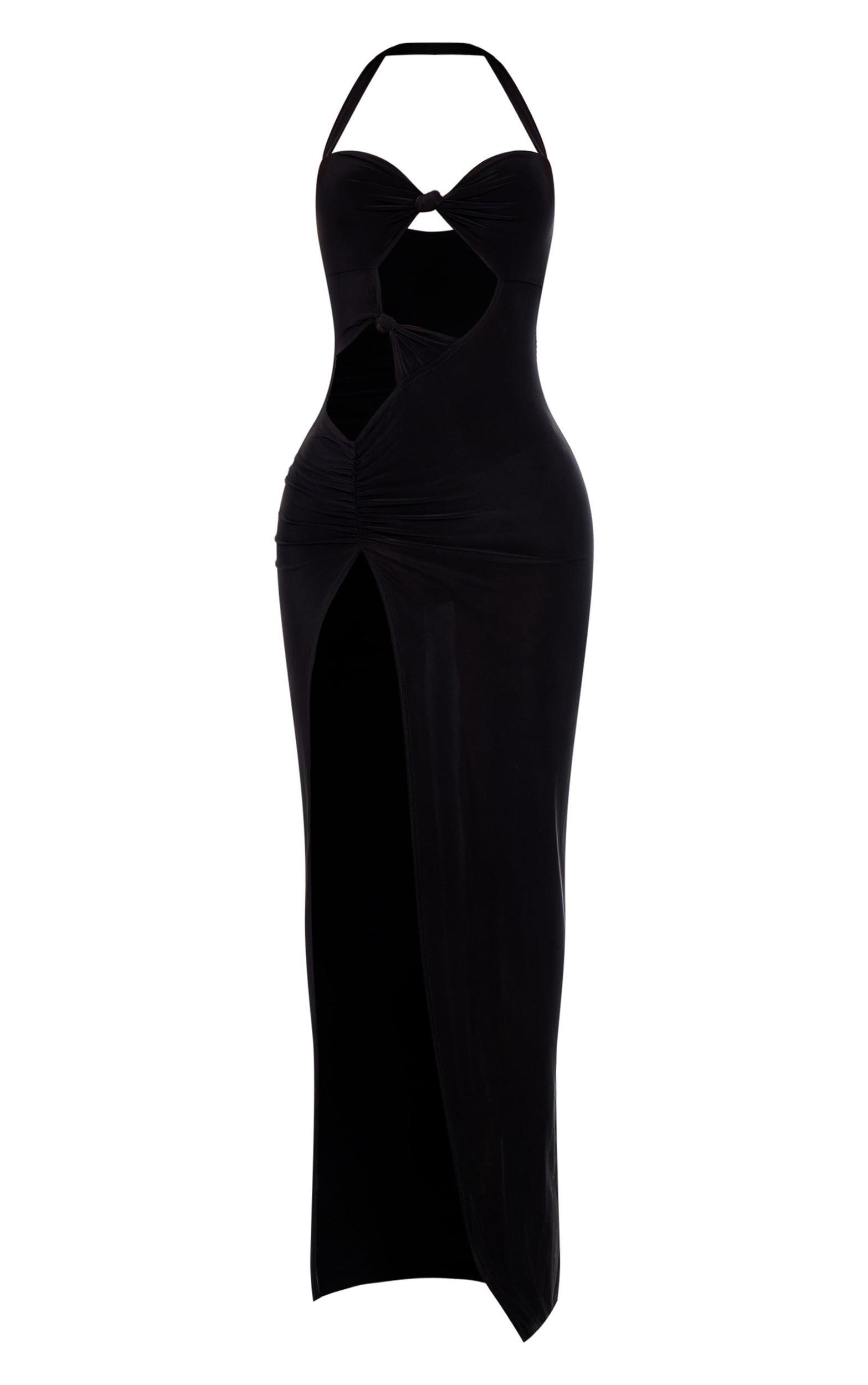 Black Slinky Cut Out Knot Detail Split Maxi Dress Product Image