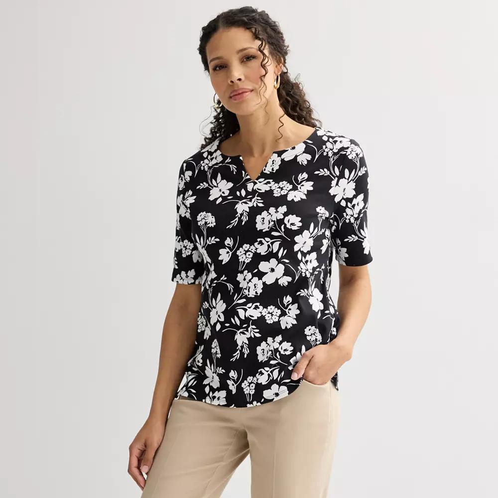 Petite Croft & Barrow® Elbow Sleeve Splitneck Top, Women's, Size: XL Petite, Black Shadow Floral Product Image
