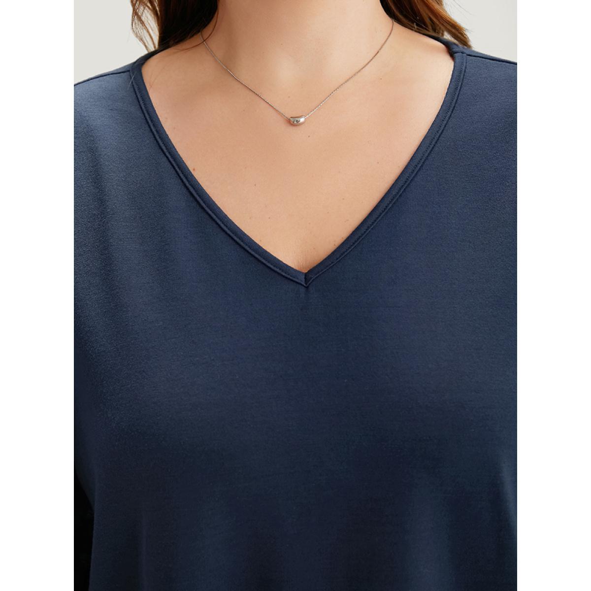 Plus Size Solid V Neck Patchwork Elastic Cuffs Sweatshirt Women Blue Elegant Elastic cuffs V-neck Dailywear Sweatshirts BloomChic 14-16/1X Product Image