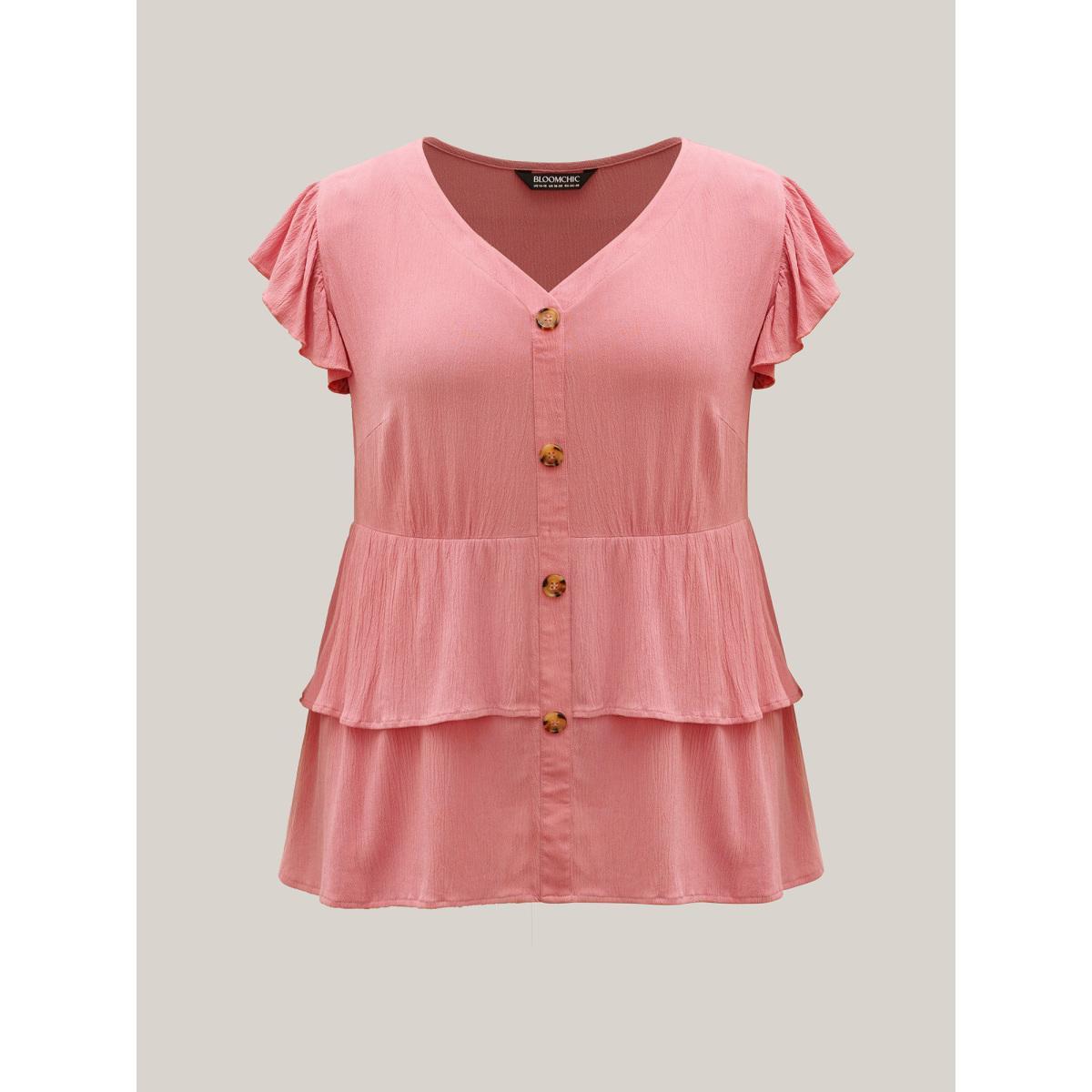 Plus Size Watermelon Rayon Ruffled Layered Hem Button Blouse Women Cap Sleeve V-neck Everyday-Elegant Blouses BloomChic 30/6X Product Image
