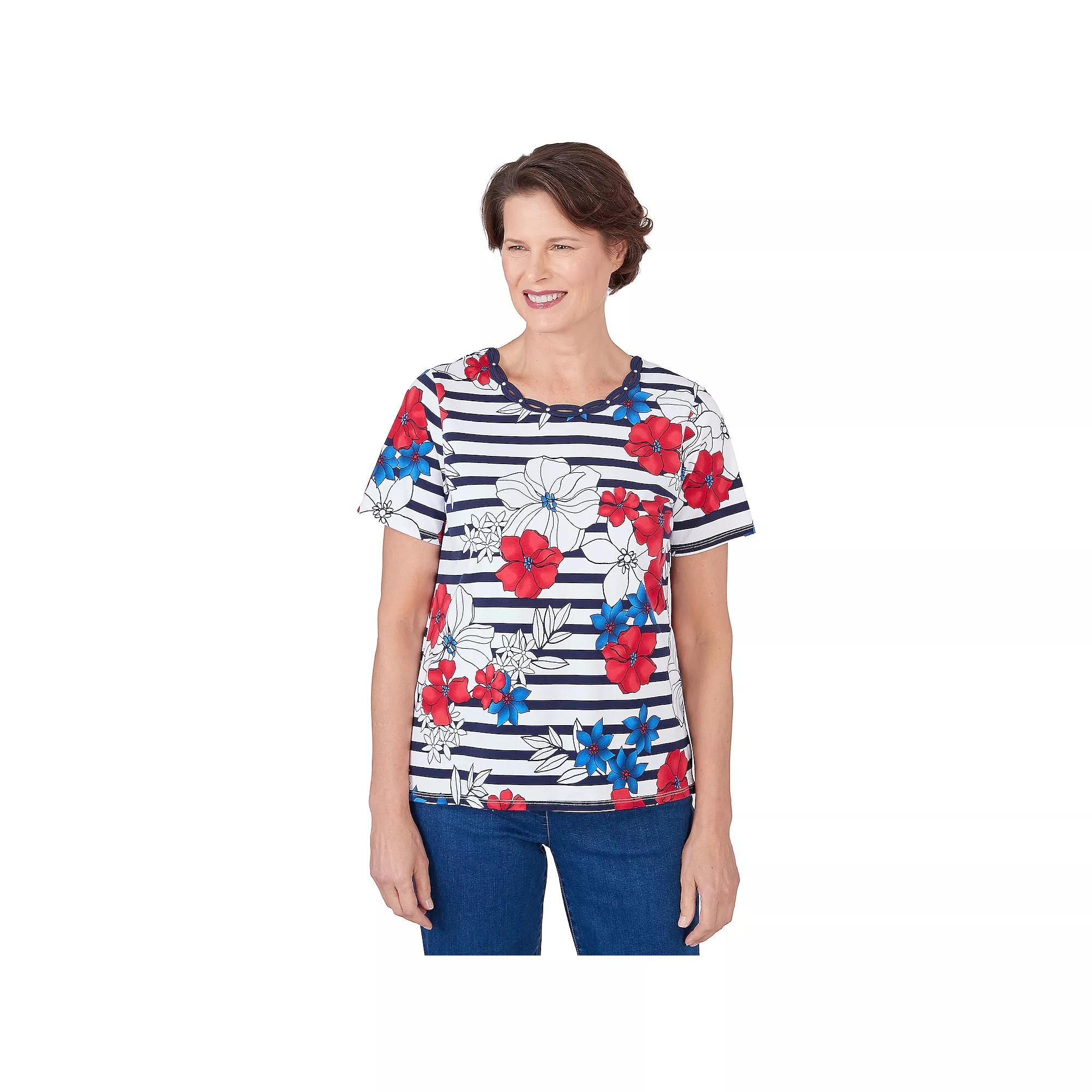 Womens Alfred Dunner Floral Stripe Braided Neck T-Shirt Product Image