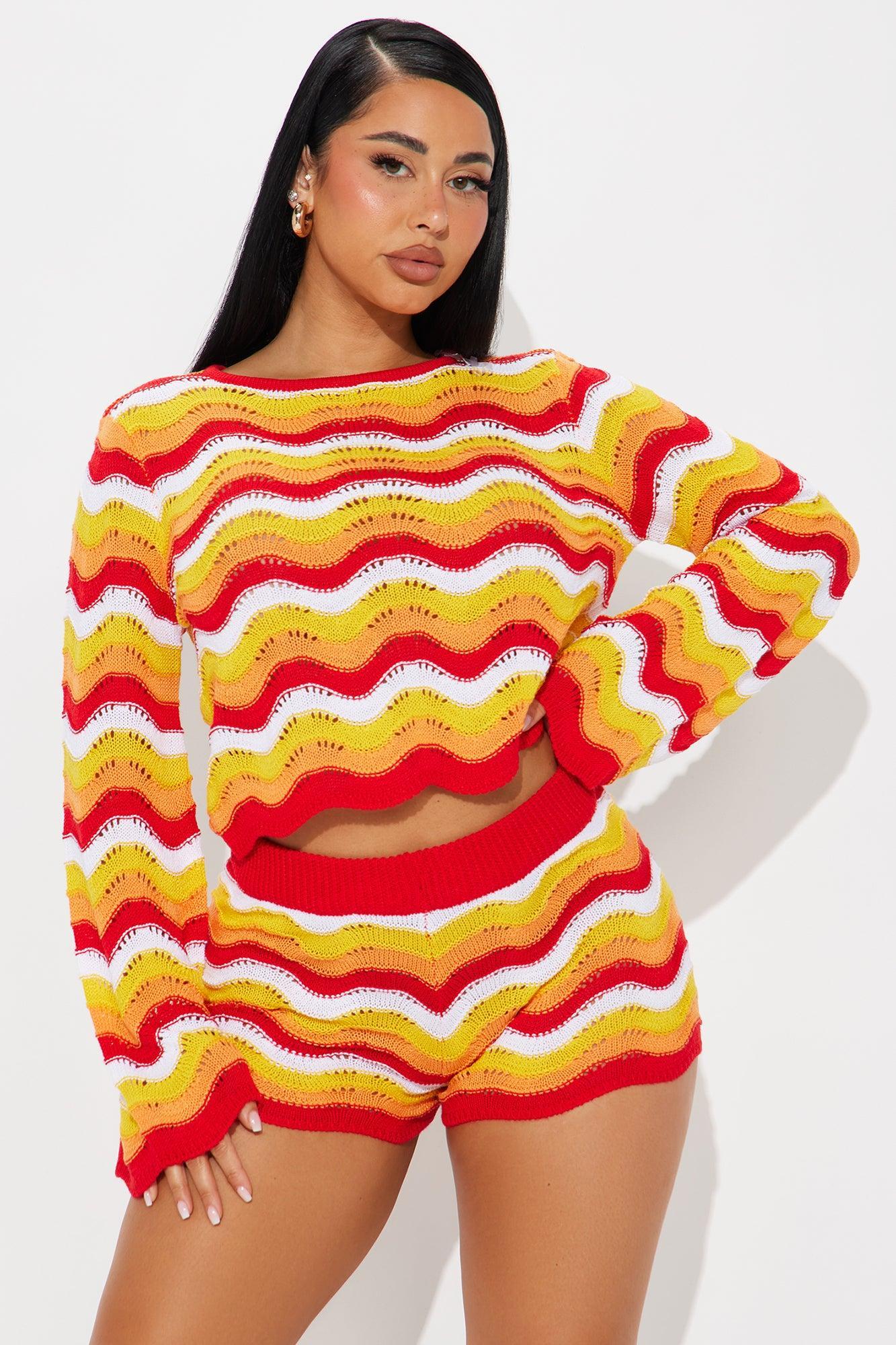 Aleah Striped Crochet Short Set - Orange/combo Product Image
