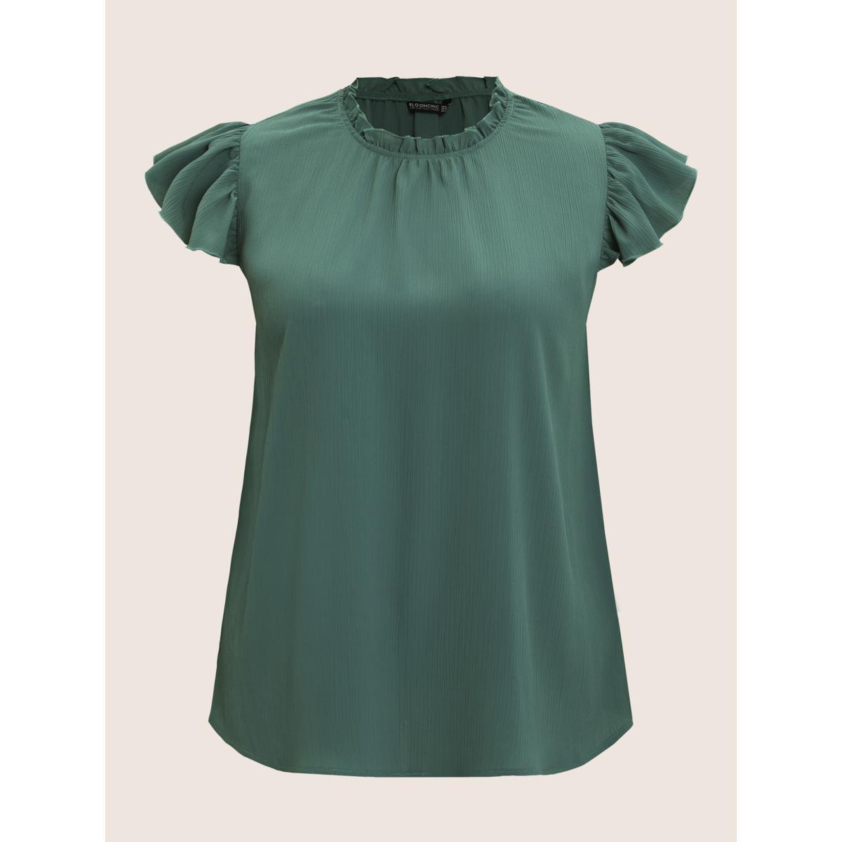 Plus Size Mint Plain Mock Neck Cap Sleeve Ruffle Trim Blouse Women Elegant Short sleeve Mock Neck Everyday Blouses BloomChic 18-20/2X Product Image