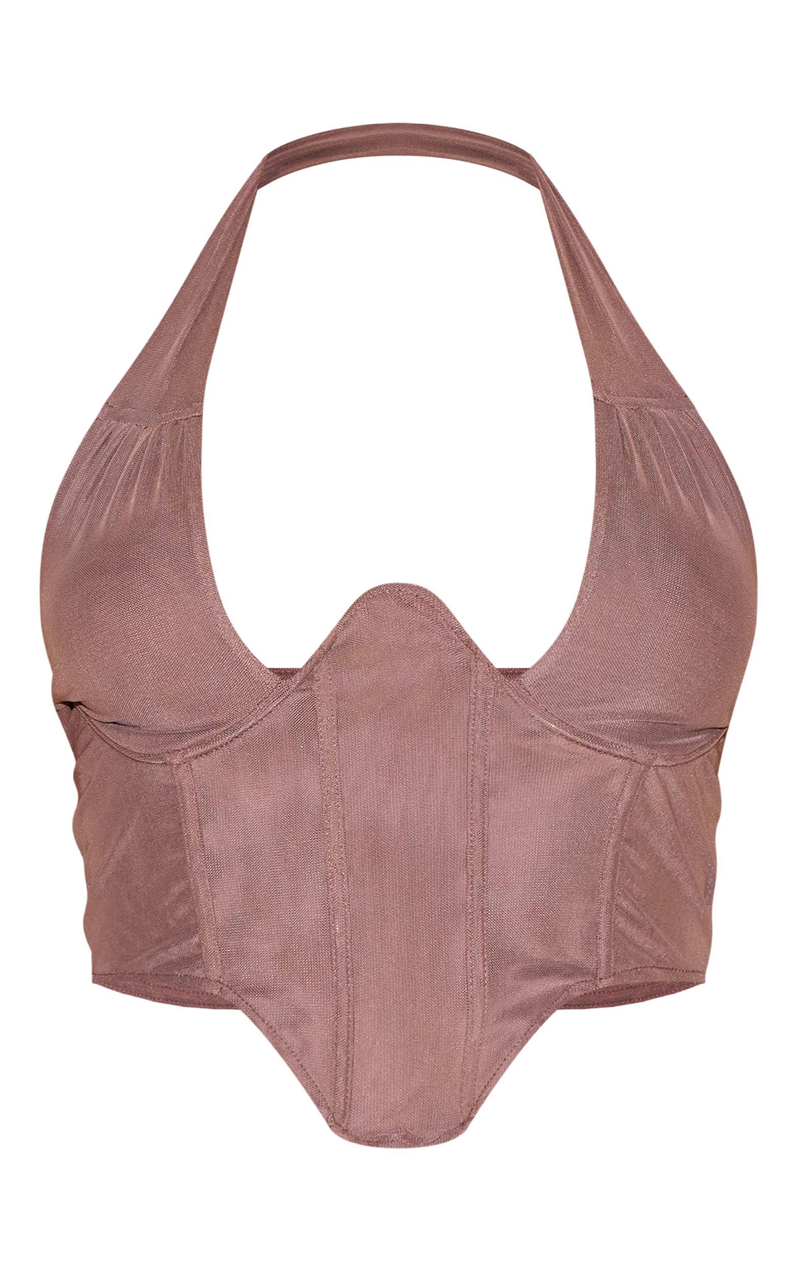 Shape Brown Double Layered Mesh Tie Neck Corset Top Product Image