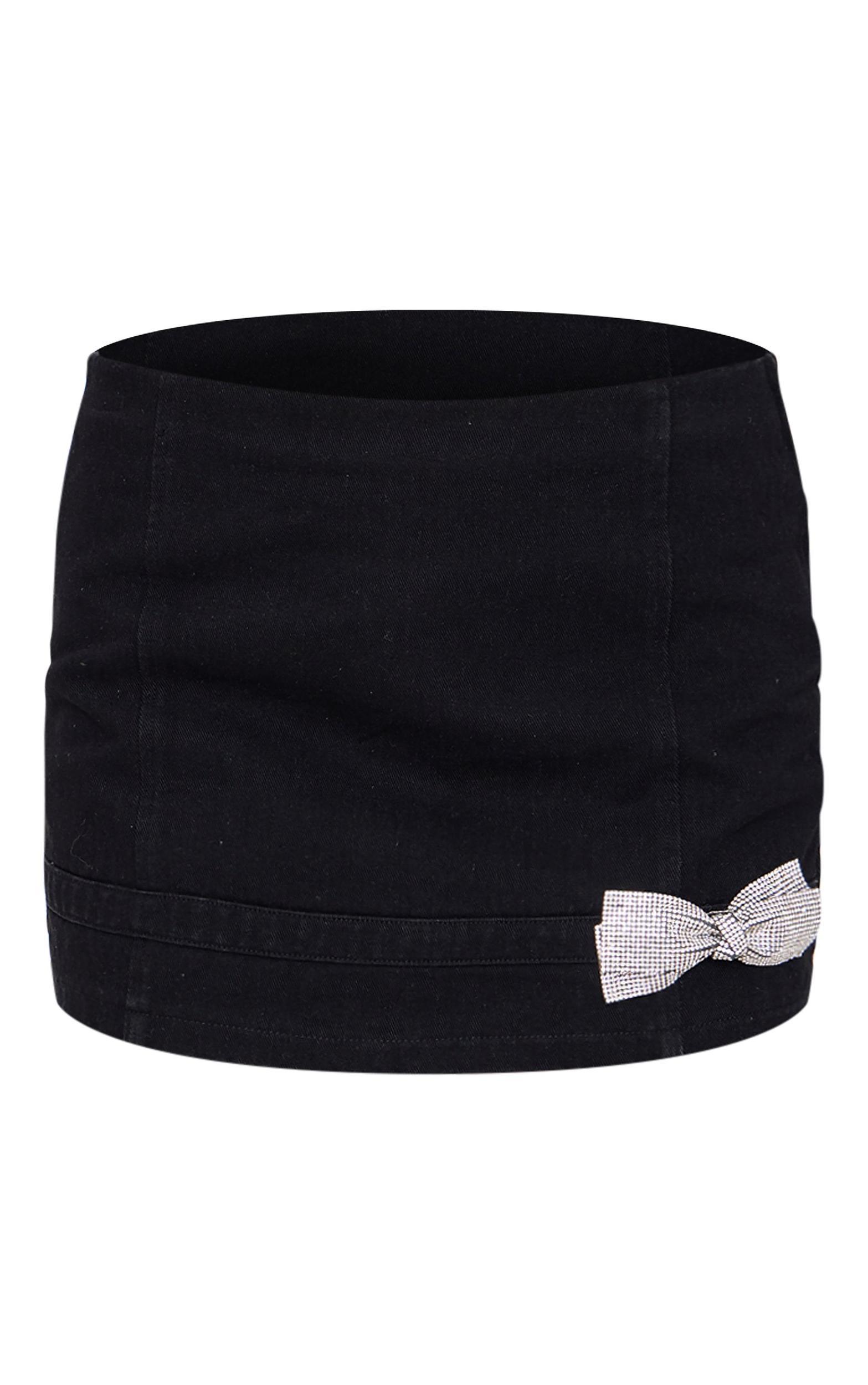 Black Diamante Bow Detail Denim Mini Skirt Product Image