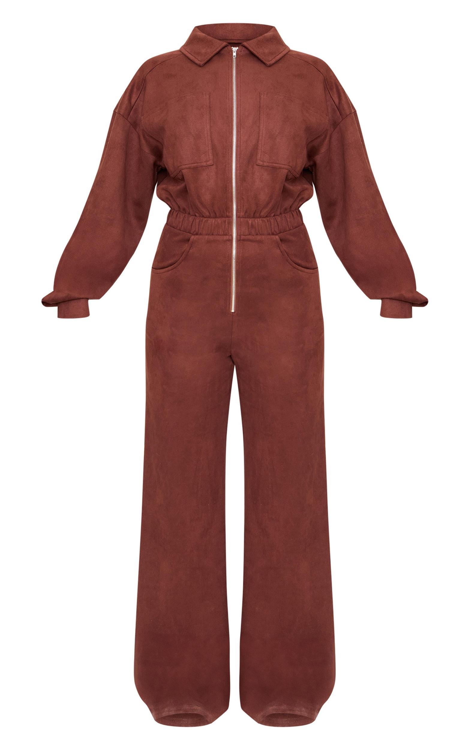 Chocolate Faux Suede Long Sleeve Straight Leg Jumpsuit Product Image