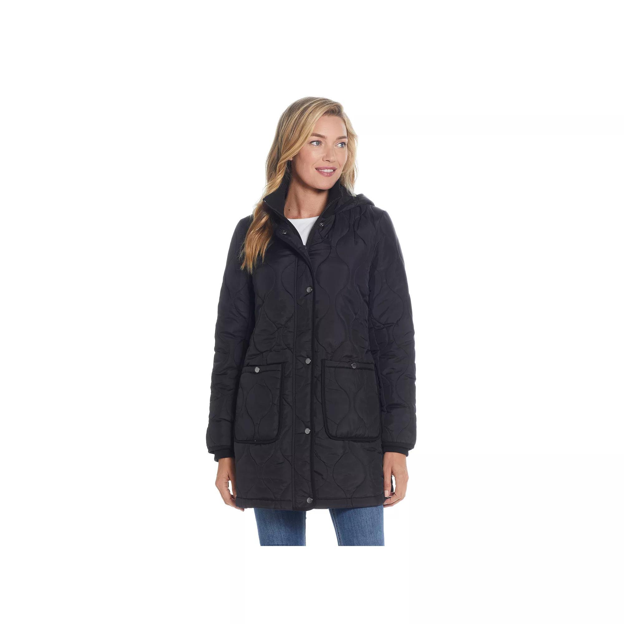 Women's Weathercast Hood Ribbed-Trim Quilted Walker Jacket, Size: XL, Black Product Image