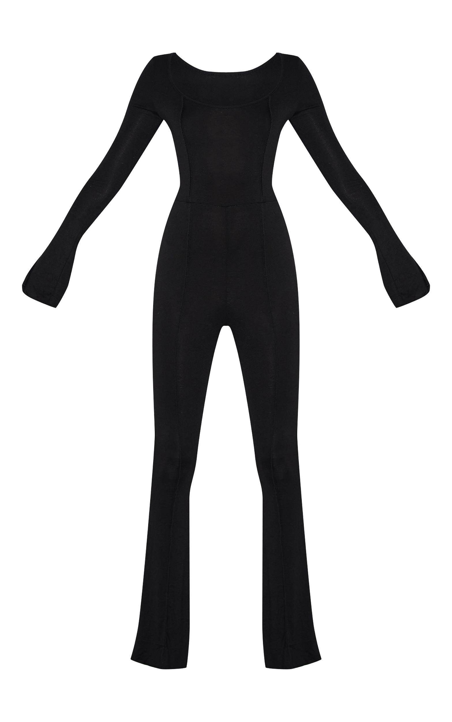 Black Jersey Seam Detail Split Sleeve Jumpsuit Product Image