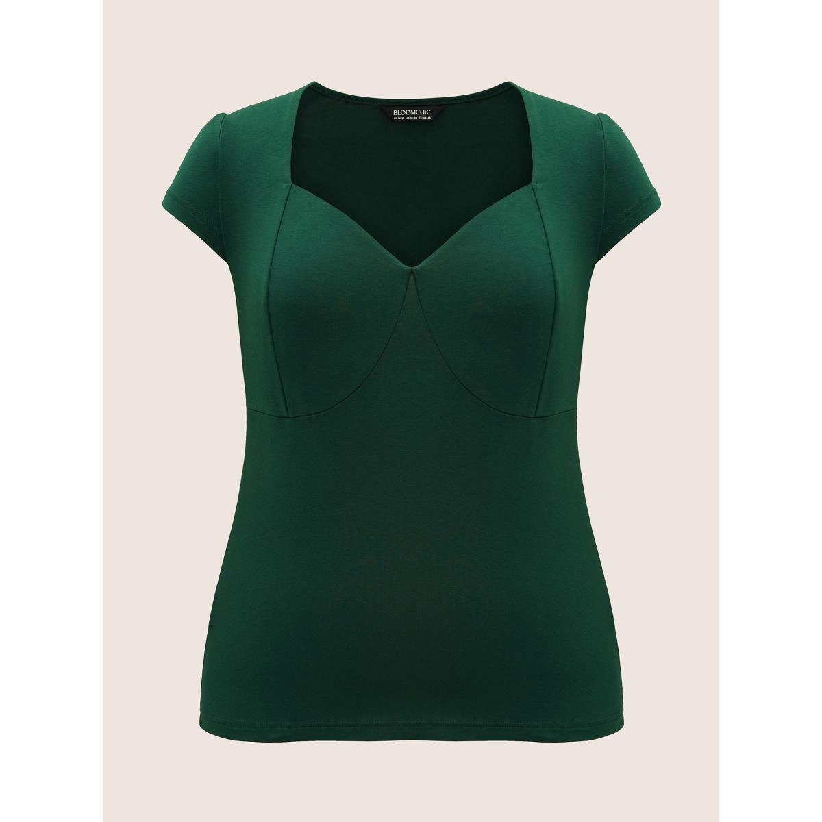 Plus Size High Stretch Deep V Neck Cap Sleeve T-shirt DarkGreen Women Elegant Patchwork Deep V-neck Bodycon Everyday T-shirts BloomChic 22-24/3X Product Image