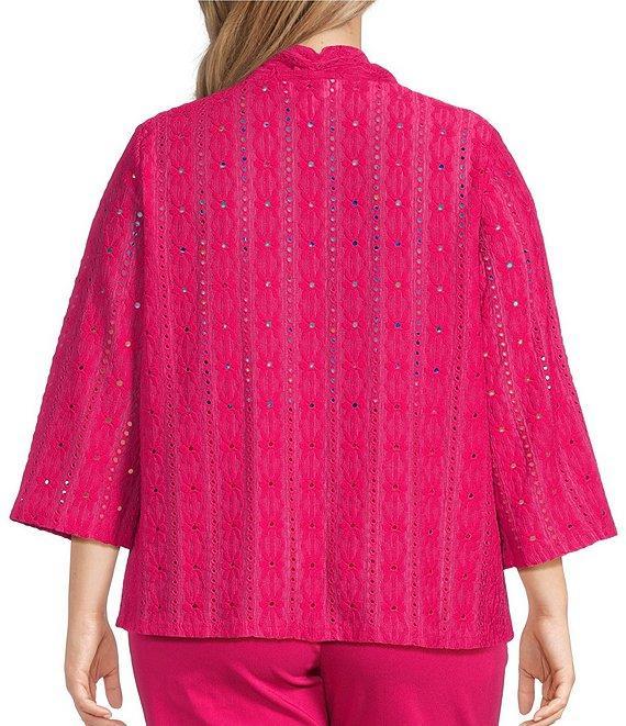 Allison Daley Plus Size 3/4 Sleeve Open-Front Eyelet Knit Cardigan Product Image
