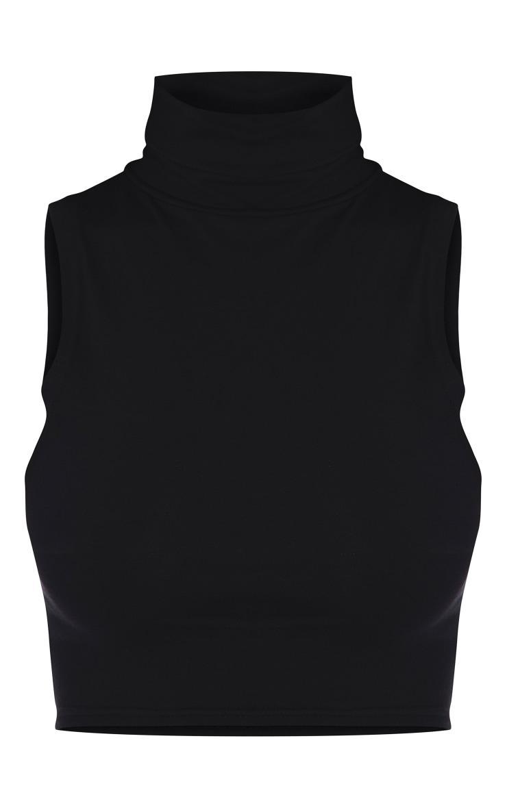 Basic Black Cotton Blend Roll Neck Sleeveless Crop Top Product Image