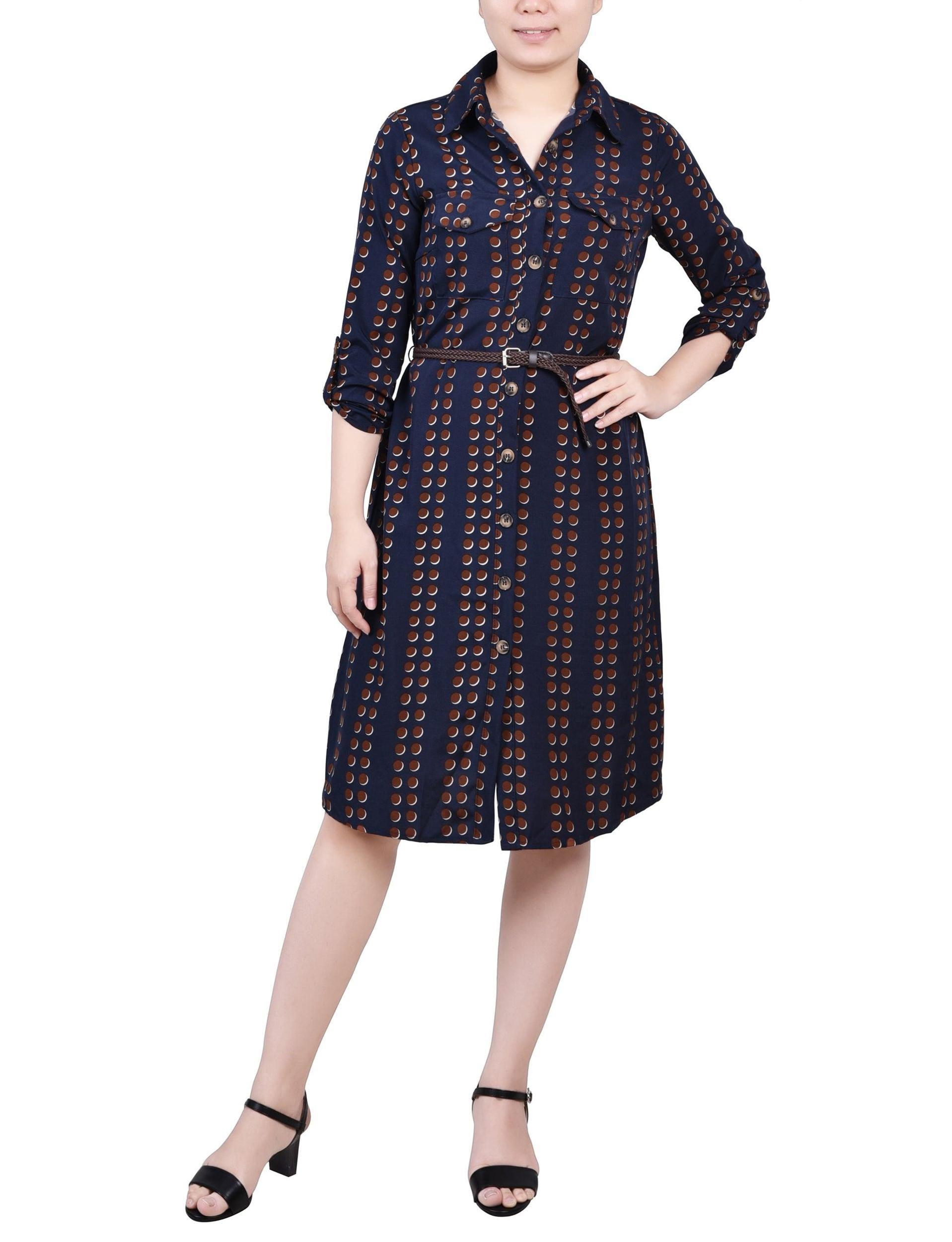 Navy Big Dot 3/4 Roll Tab Sleeve Shirtdress - Petite Product Image