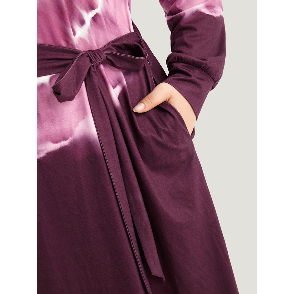 Plus Size Tie Dye Pocket Round Neck Belted Raglan Sleeve Dress Multicolor Women Casual Belted Round Neck Long Sleeve Curvy Knee Dress BloomChic 26/4X Product Image