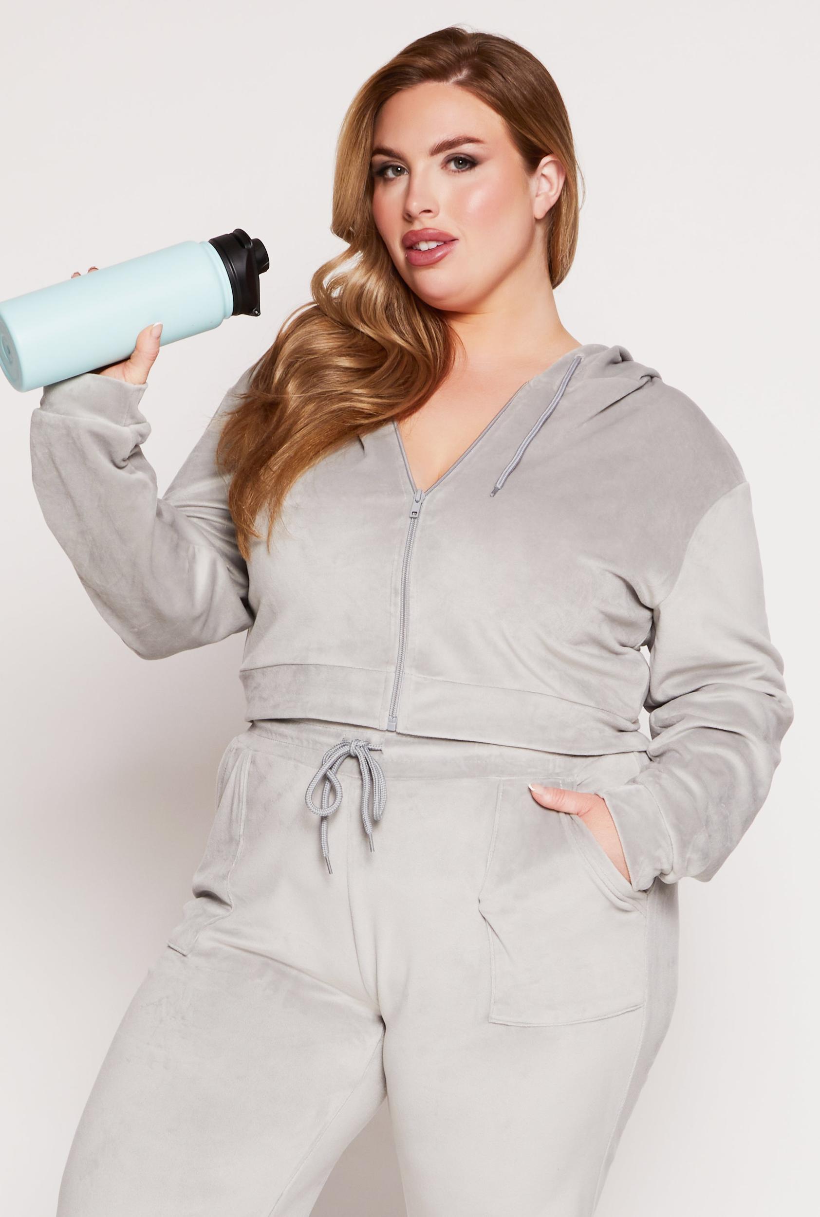 Womens Plus Size Velour Zip Front Hooded Crop Top Product Image