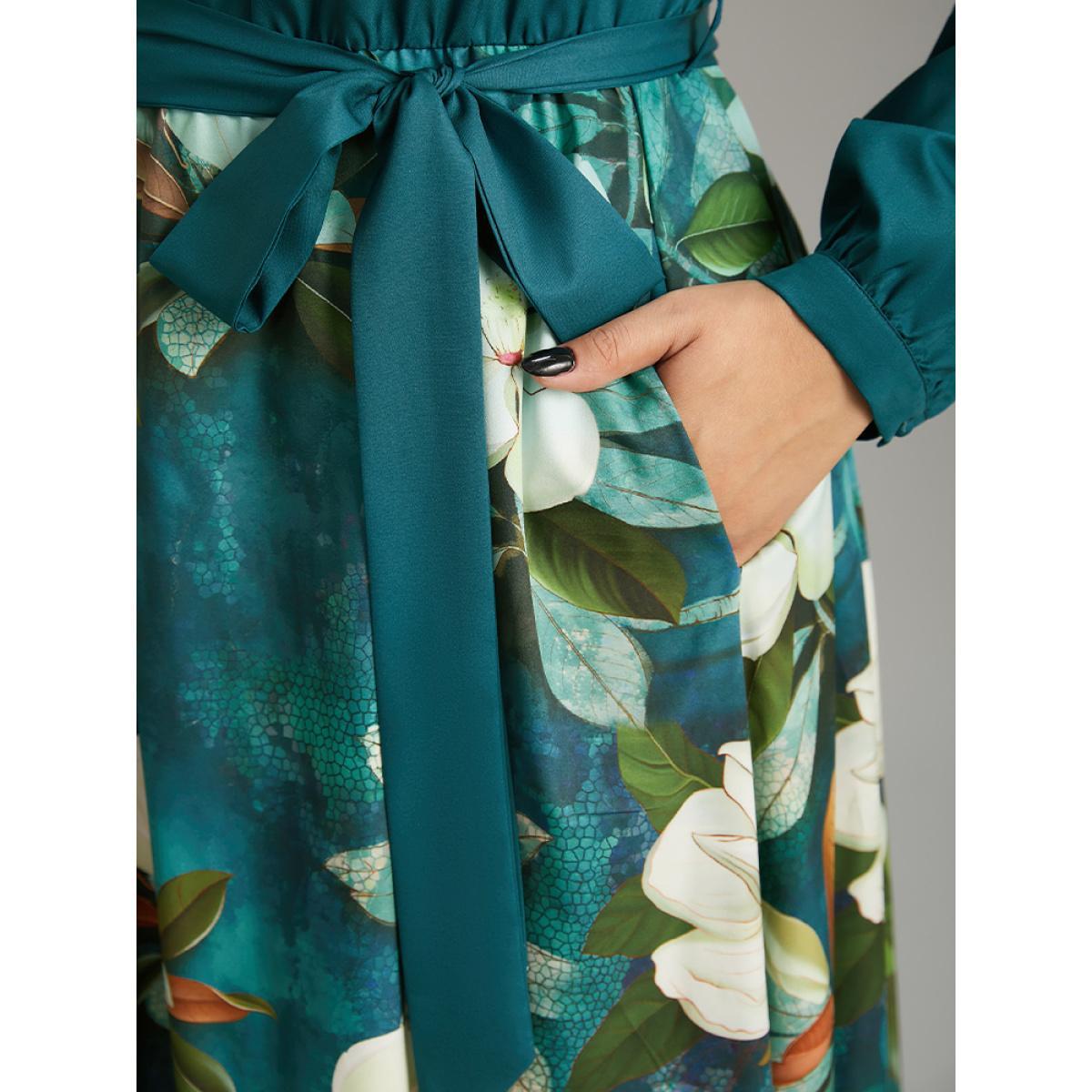 Plus Size Floral Print Patchwork Bleted Pocket Dress Cerulean Women Glamour Belted Notched collar Long Sleeve Curvy Midi Dress BloomChic 18-20/2X Product Image