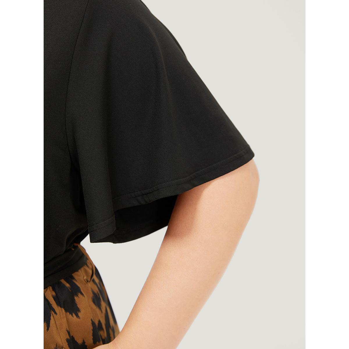 Plus Size Allover Print Contrast Belted Ruffle Sleeve Patchwork Dress Black Women Elegant Contrast V-neck Short sleeve Curvy Midi Dress BloomChic 30/6X Product Image