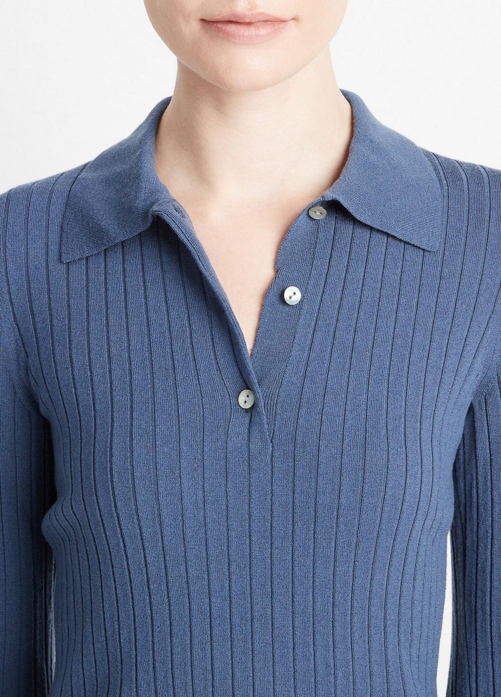Womens Ribbed Wool Three-quarter-Sleeve Polo Sweater, Riverbed, Size XXS Vince Product Image