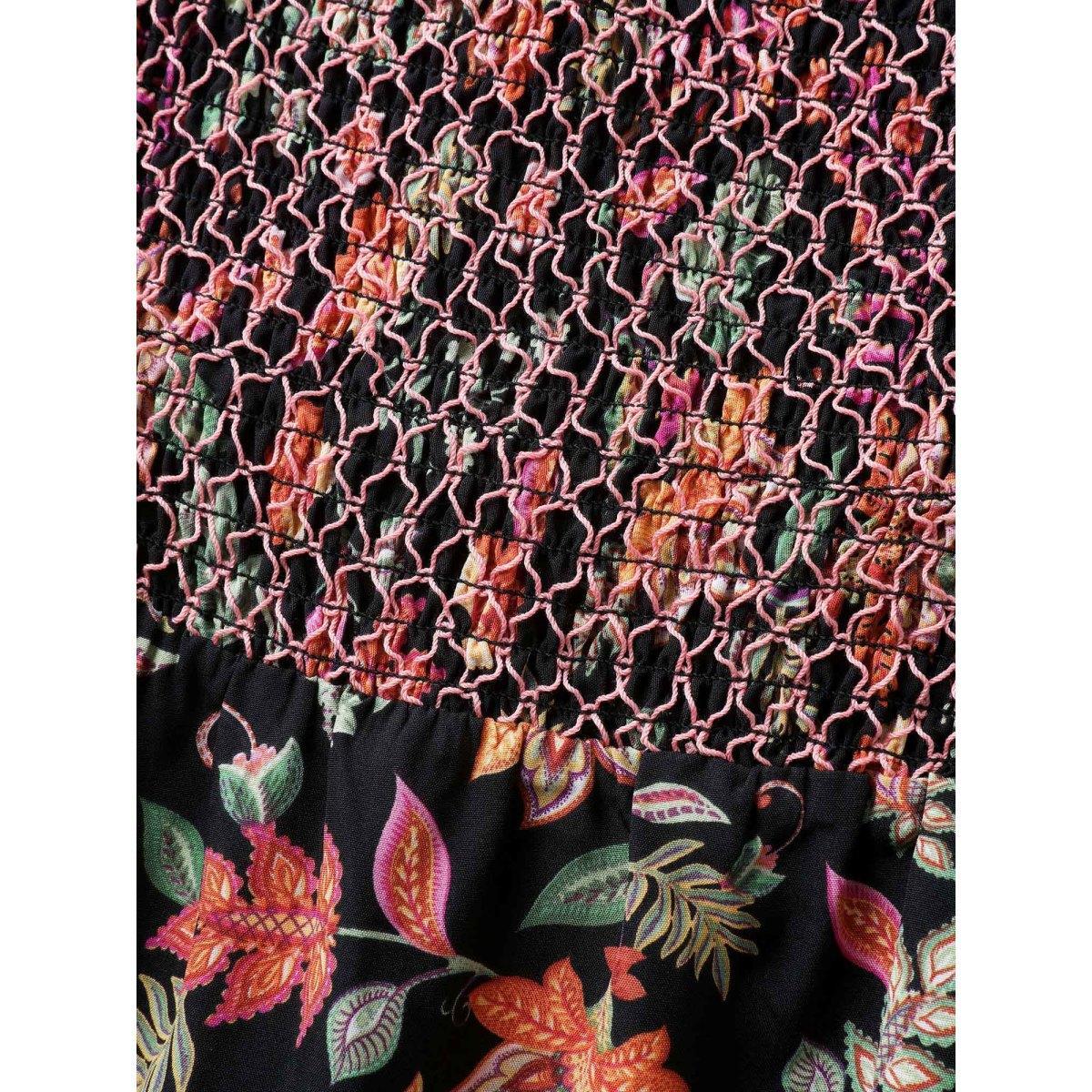 Plus Size Net Shirred Paisley Print Midi Dress Black Women Shirred Square Neck Short sleeve Curvy BloomChic 12/L Product Image