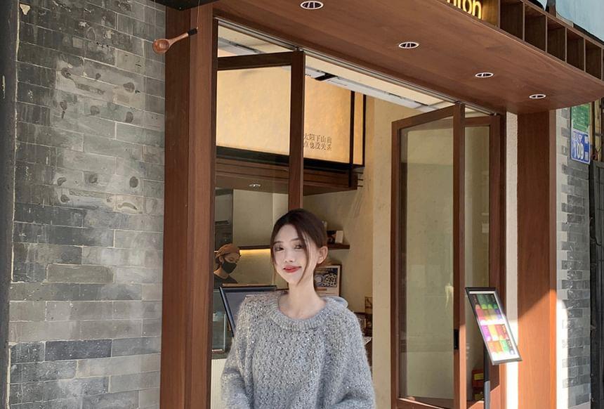 Tie-Neck Plain Glitter Sweater Product Image