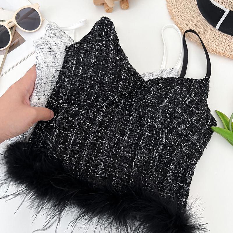 V-Neck Plaid Fluffy Trim Cropped Cami Top Product Image