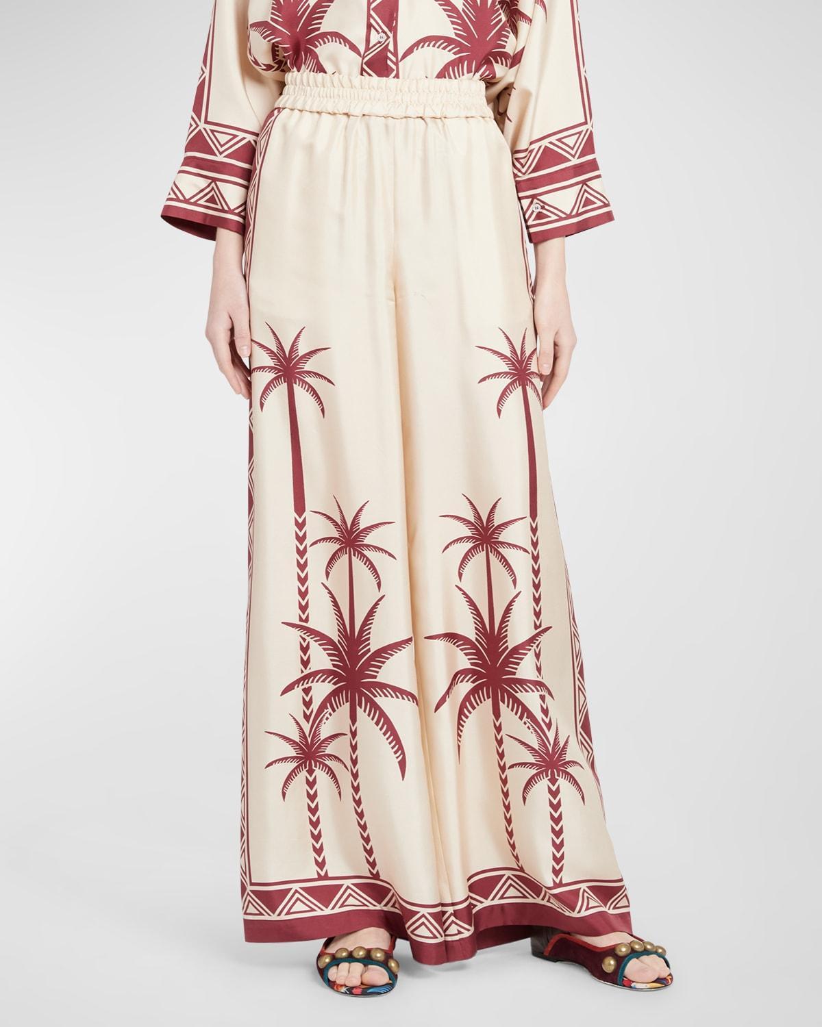 Wide-Leg Silk Palazzo Pants with Floral Detail  Product Image