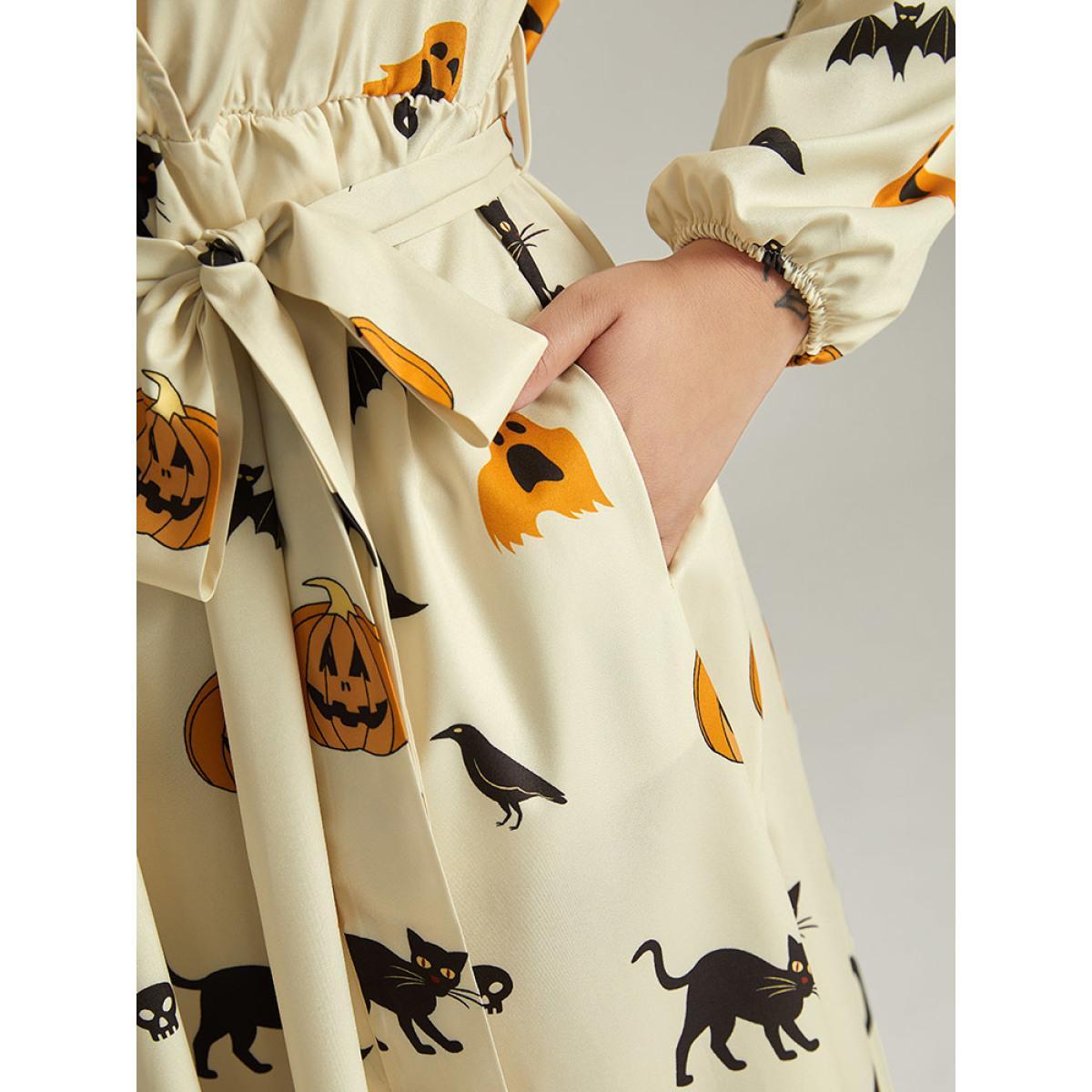 Plus Size Halloween Pumpkin & Bat Print Wrap Lantern Sleeve Dress Beige Women Office Elastic cuffs Overlap Collar Long Sleeve Curvy Midi Dress BloomChic 14-16/1X Product Image