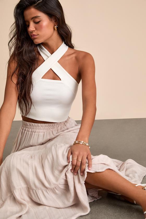 Sunset by the Sea Light Beige Embroidered Tiered Maxi Skirt Product Image