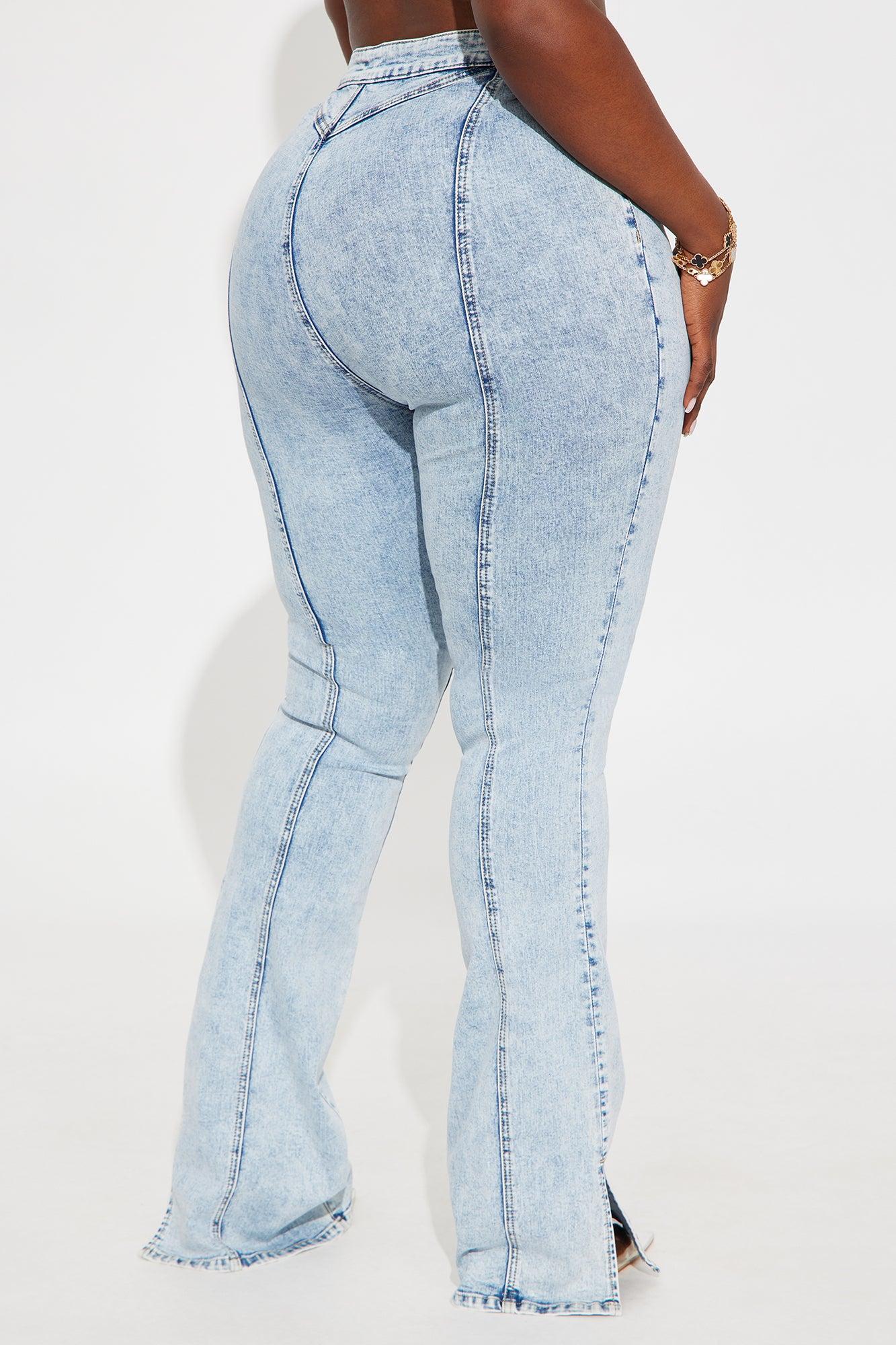 Tall Side Slit Stretch Slim Bootcut Jeans - Acid Wash Denim Product Image