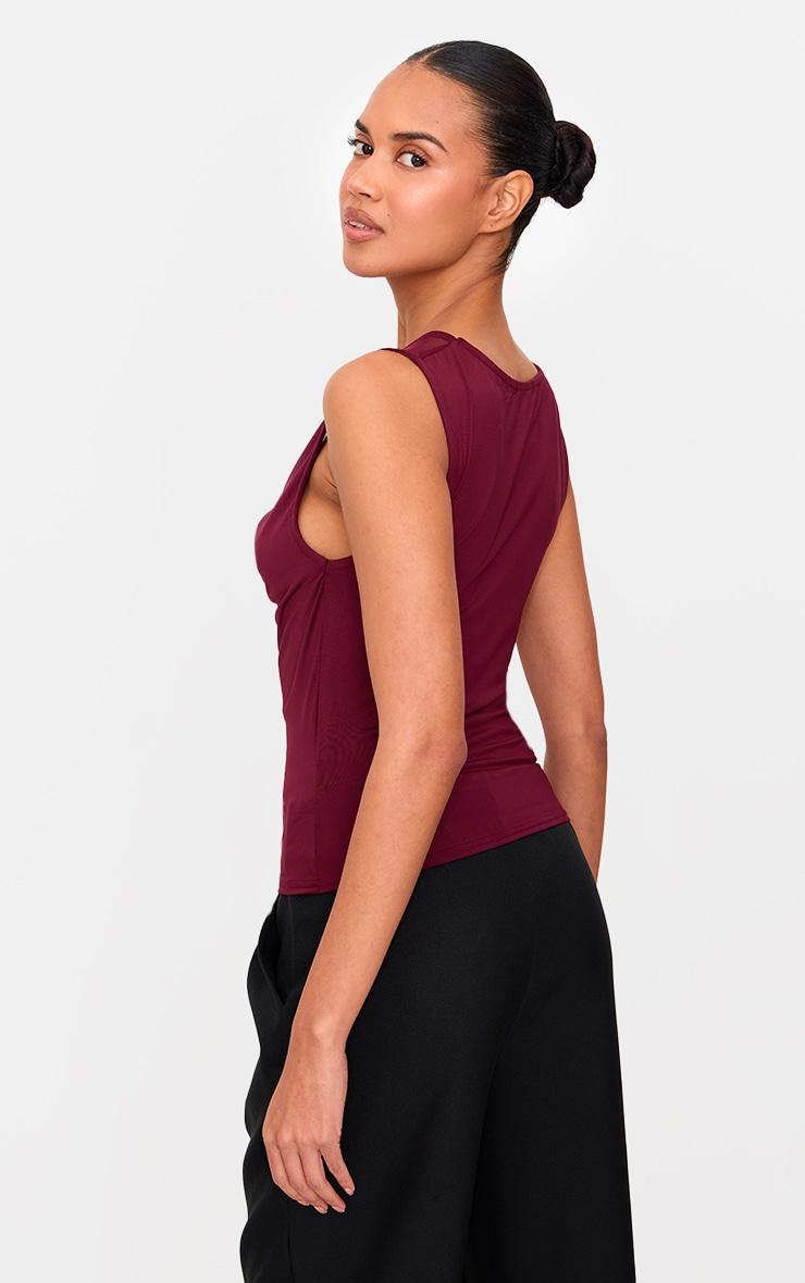 Burgundy Mesh Panel Cowl Slinky Top Product Image