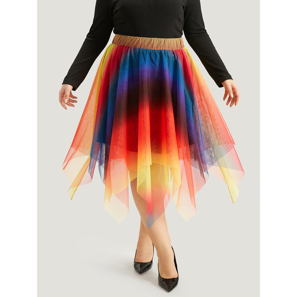 Plus Size Halloween Ombre Tiered Elastic Waist Hanky Hem Skirt Women Multicolor Glamour Contrast No stretch Festival-Halloween Skirts BloomChic 30/6X Product Image
