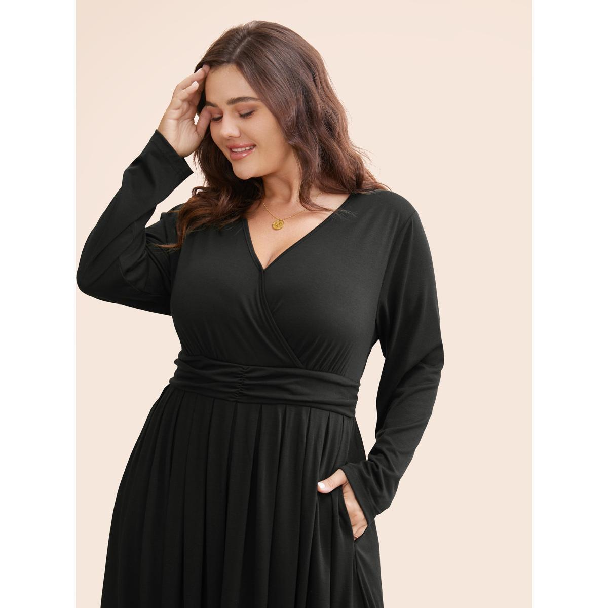 Plus Size Supersoft Essentials Ruched Wrap Pleated Hem Dress Black Women Casual Non Overlap Collar Long Sleeve Curvy Midi Dress BloomChic 26/4X Product Image