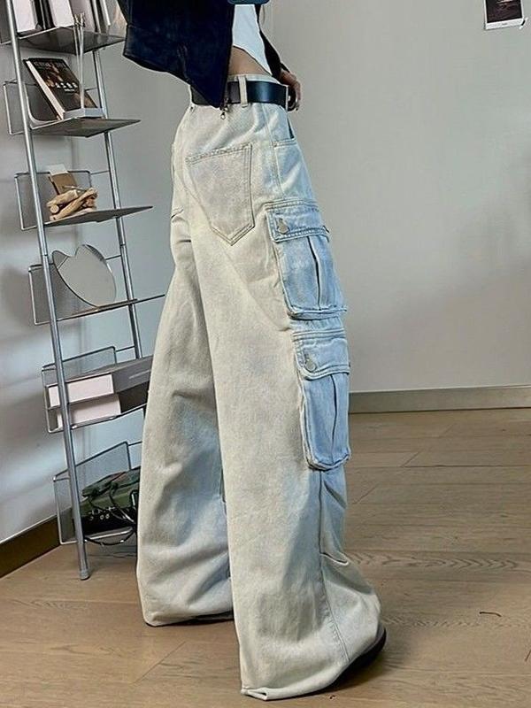 Hip Pop Multi Pocket High Rise Cargo Jeans Product Image