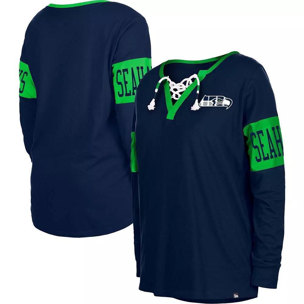 Women's New Era College Navy Seattle Seahawks Lace-Up Notch Neck Long Sleeve T-Shirt, Size: XS, Blue Product Image