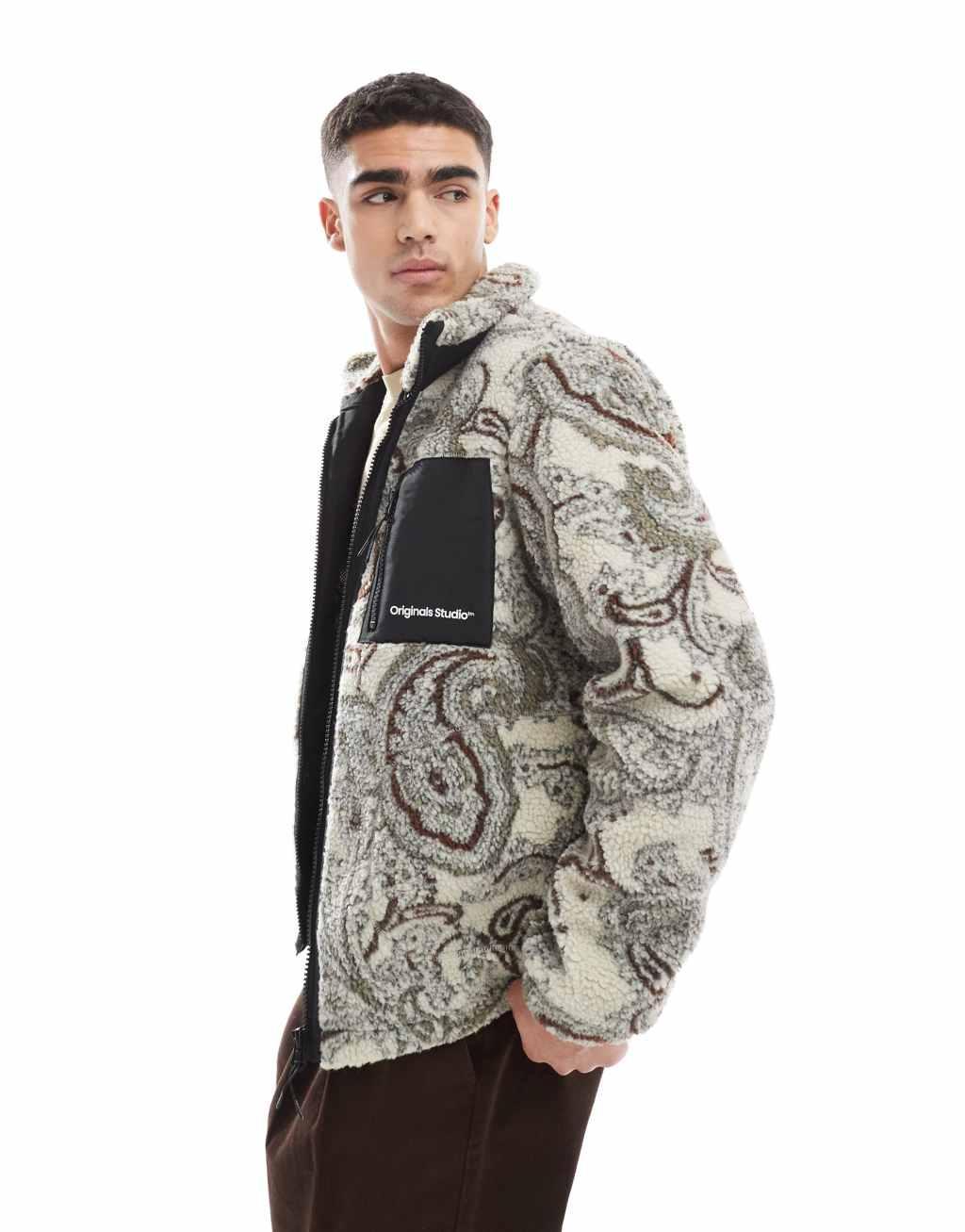 Jack & Jones zip through borg fleece in gray paisley Product Image