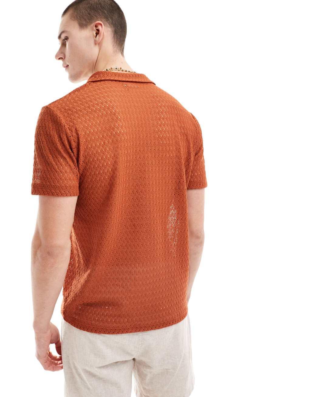ASOS DESIGN polo shirt in orange crochet texture Product Image