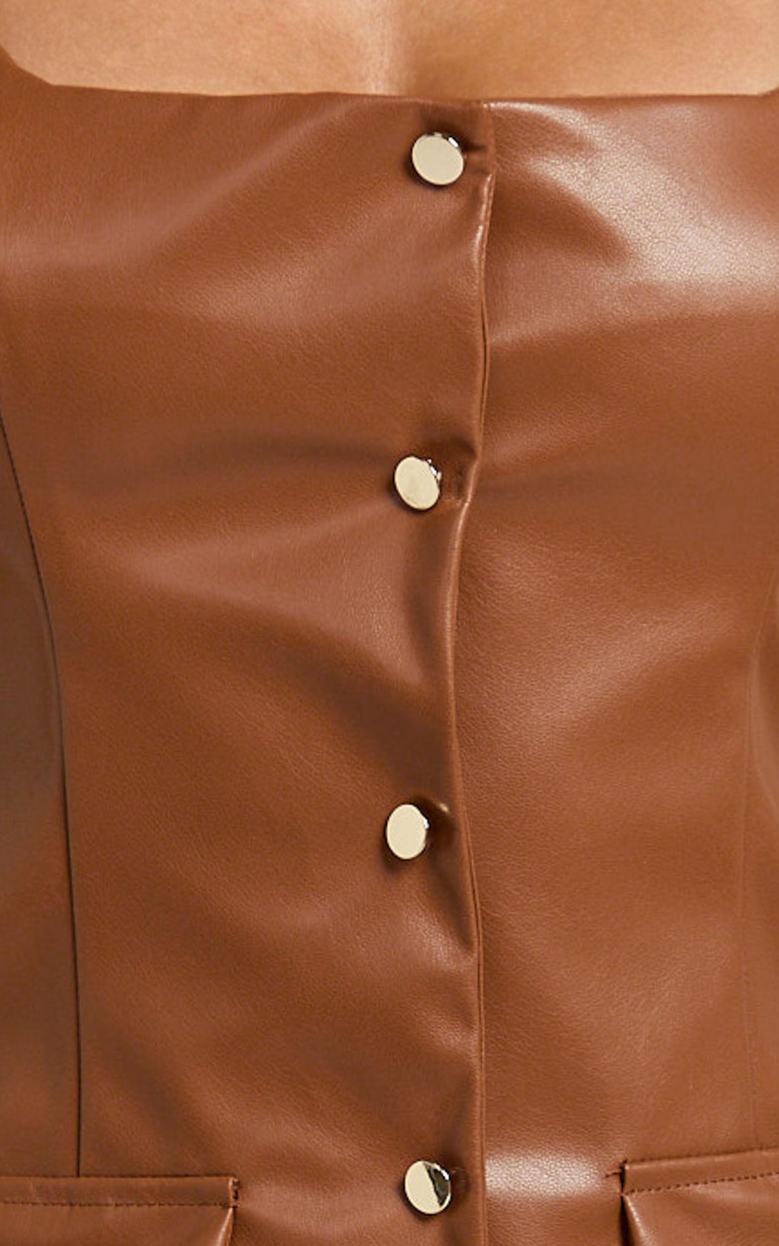 Nami Mini Dress - Faux Leather Square Neck Gold Button Dress in Camel Product Image
