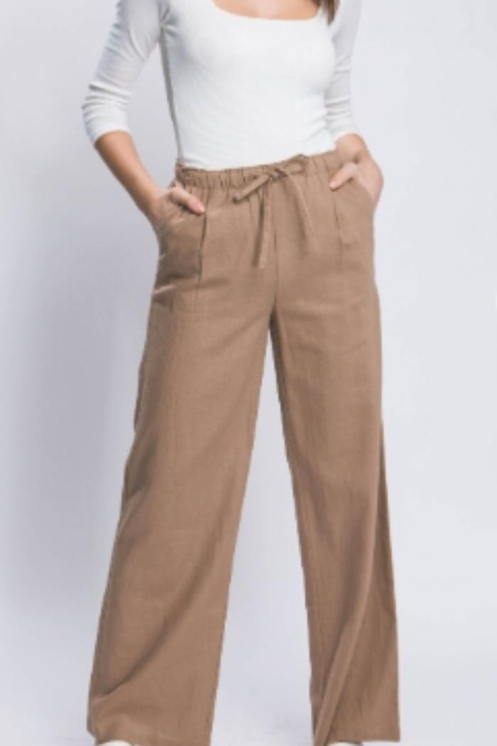 Linen Blend Full Cut Drawstring Pant in White Product Image