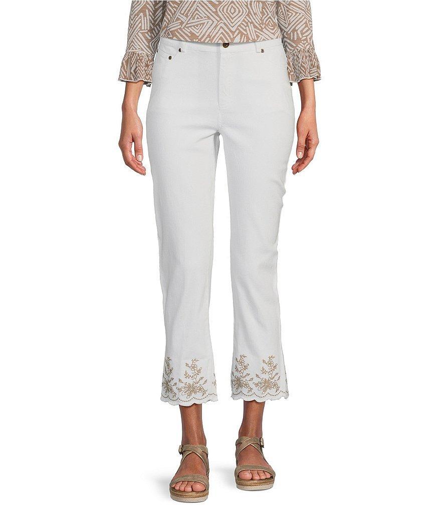 Multiples Embroidered Fringe Edge Denim Crop Jeans Product Image