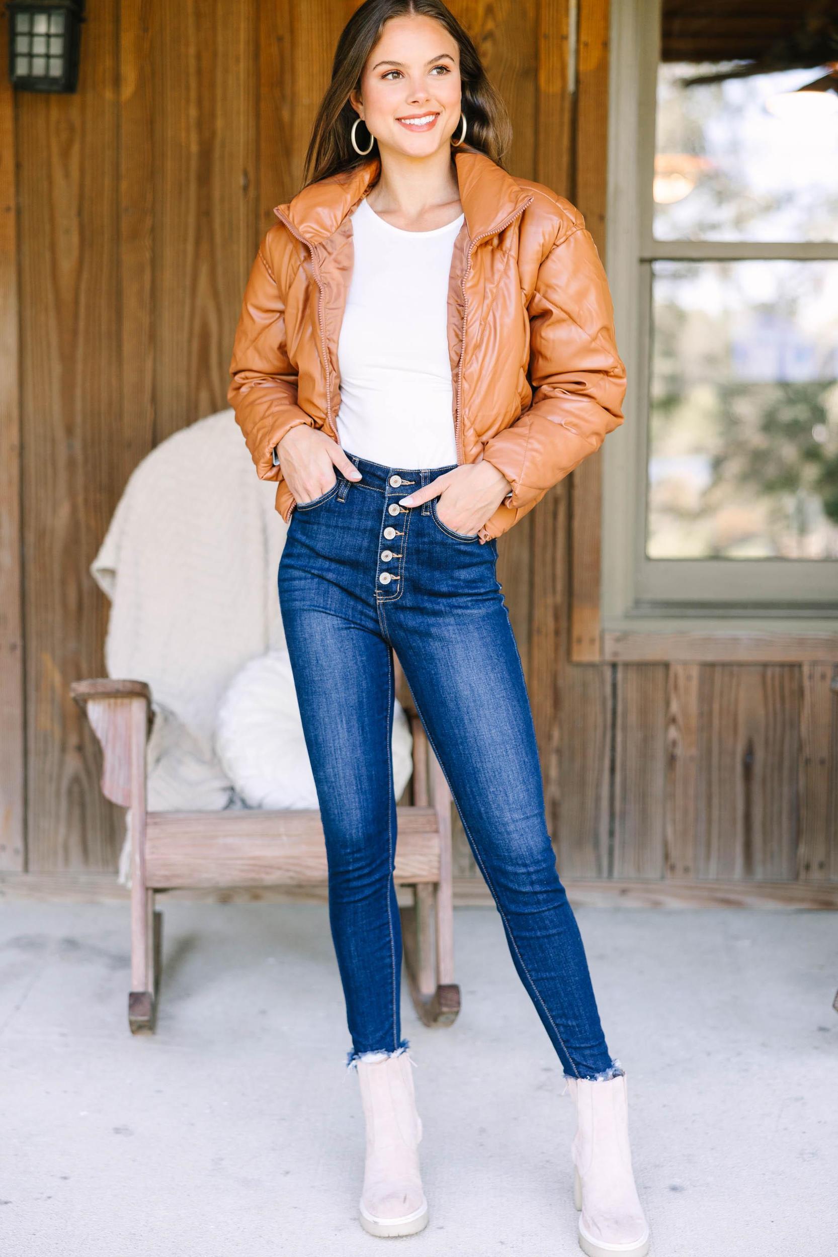 Meet You There Camel Brown Faux Leather Puffer Jacket Female Product Image