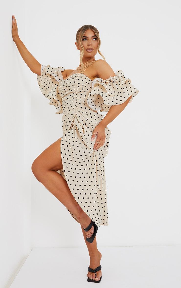 Cream Polka Dot Bardot Frill Sleeve Draped Midi Dress Product Image