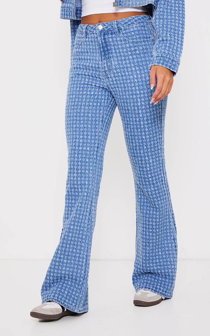 Light Blue Distressed Stripe Denim Flare Jeans Product Image