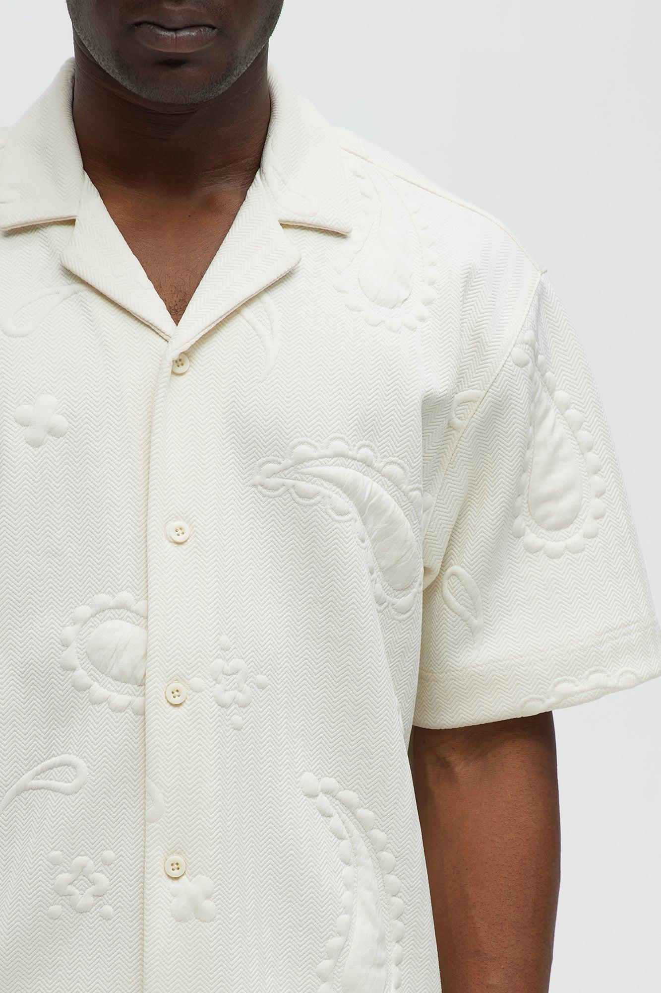 Heavyweight Textured Jacquard Knit Button Up Shirt - Off White Product Image
